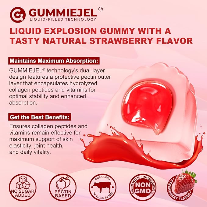 Sugar-Free Hydrolyzed Collagen Peptide Filled Gummies,Extra Strength 1500mg Protein Type I,II,III,V,X with 5000mcg Biotin Vitamin C A E D3 B6 B12 for Immune Digestion Skin Hair Nails Energy Bone Joint
