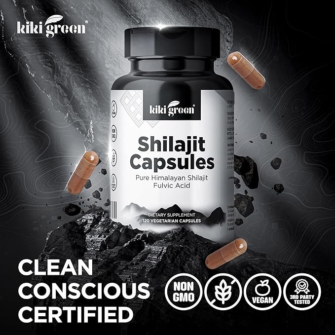 KIKI Green Shilajit Capsules - Shilajit Pure Himalayan Organic Supplement, 40% Fulvic Acid & Trace Minerals - 500 mg Pure Shilajit per Serving for Strength, Energy, Immunity - 120 Vegan Capsules