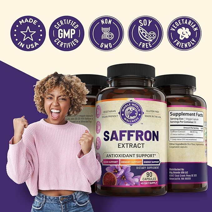 100% Pure Saffron Extract - NSF Certified. Supports Weight and Appetite Health, Mood, Focus, Memory, Digestion, Eye, Skin and Brain Health. Saffron Supplements for Women and Men, 45-Day Supply.