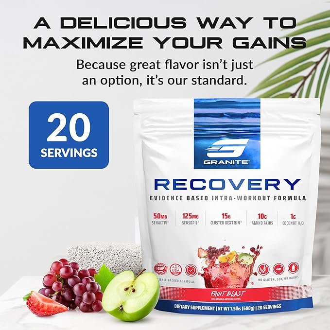 Granite Recovery for Intra & Post Workout |10g Aminos, Electrolytes, Cluster Dextrin for Muscle Recovery & Growth | Amino Acids Supplement with Sensoril | 20 Servings | Fruit Blast