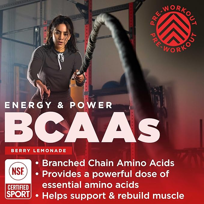 Gnarly Nutrition BCAA Powder - Pre-Workout BCAAS Amino Acids, NSF Sport Certified, Supplement to Support and Rebuild Muscle - Berry Lemonade, Caffeine (10.58oz)