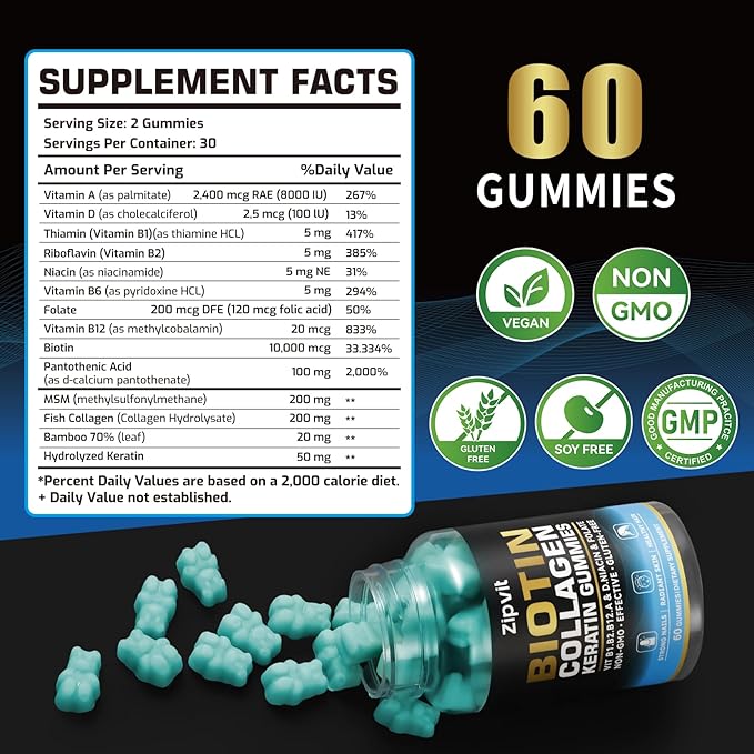 Biotin Collagen Gummies – Hair Skin and Nails Vitamins for Women & Men – Hair Growth Vitamins: B1, B2, B3, B6, B7, Collagen, Keratin, Vitamin A & D – Hair Growth Supplement – 60 Gummy Bears