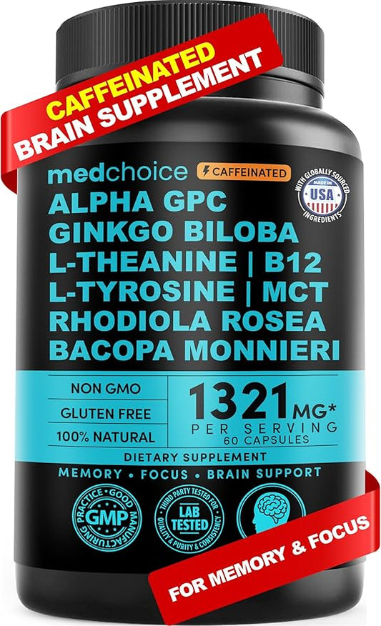 12-in-1 Nootropic Brain Supplement with Caffeine Anhydrous: Ginkgo Biloba for Brain Support, Memory and Focus - B12, Alpha GPC, L Theanine and Choline Supplements with Bioperine with 1321mg (60ct)