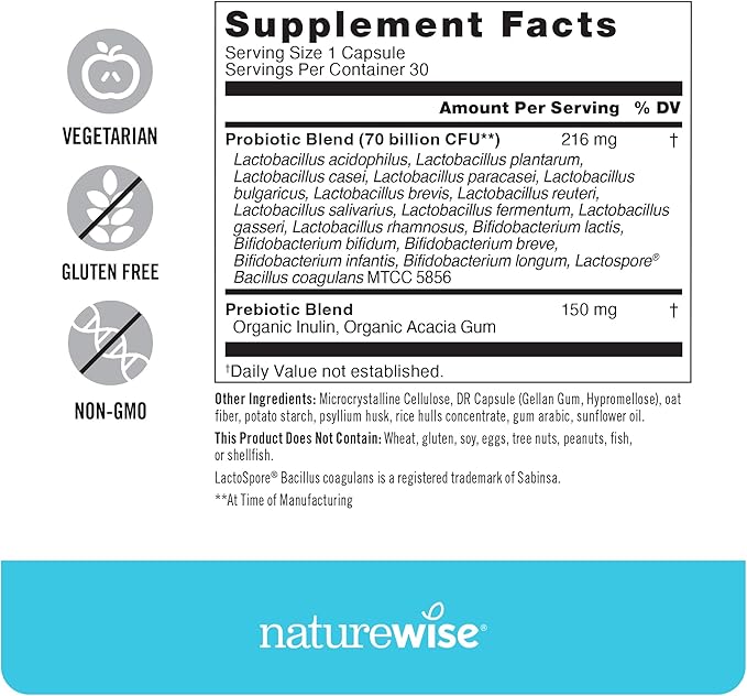 NatureWise Probiotics 70 Billion CFU - 17 Strains + Organic Prebiotics - Immune, Digestive & Gut Health Support for Women & Men - Vegetarian, Gluten-Free, Non-GMO - 30 Capsules[1-Month Supply]