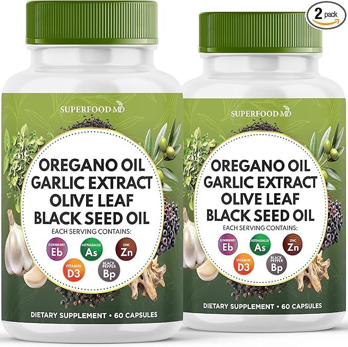 Oregano Oil 6000mg Garlic Extract 4000mg Olive Leaf 3000mg Black Seed Oil 3000mg Astragalus-Immune Support & Digestive Health Supplement for Women and Men- 120 Count