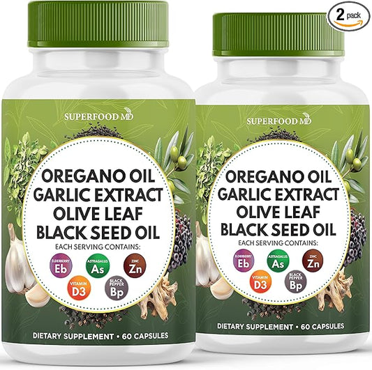 Oregano Oil 6000mg Garlic Extract 4000mg Olive Leaf 3000mg Black Seed Oil 3000mg Astragalus-Immune Support & Digestive Health Supplement for Women and Men- 120 Count