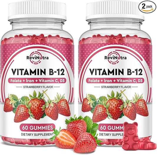 Vitamin B12 Complex Gummies - 5000 mcg Methylcobalamin with Iron, Vitamin C, D3 & Folate, Energy Support & Metabolism, Immune, B-12 Chewable Supplement for Men & Women, Strawberry Flavor, 2 Pack