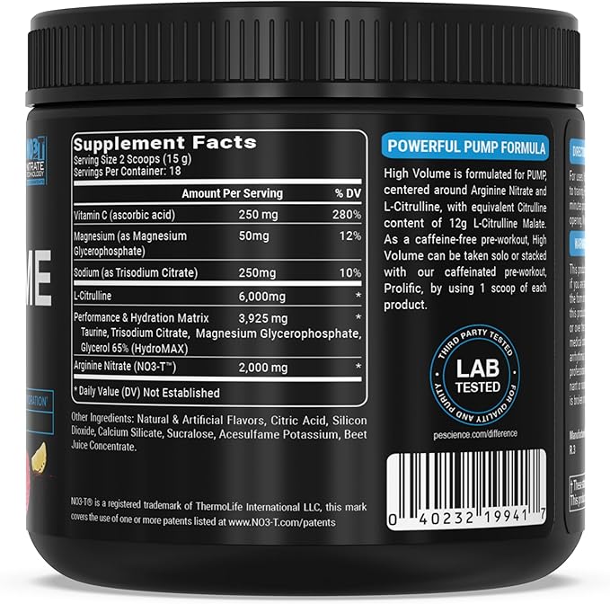 PEScience High Volume Nitric Oxide Booster Pre Workout Powder with L Arginine Nitrate, Raspberry Lemonade, 36 Scoops, Caffeine Free