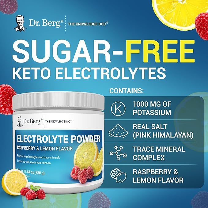 Dr. Berg Zero Sugar Hydration Keto Electrolyte Powder - Enhanced w/ 1000 mg of Potassium & Real Pink Himalayan Salt (NOT Table Salt) - Raspberry & Lemon Hydration Drink Supplement - 50 Servings 3 Pack