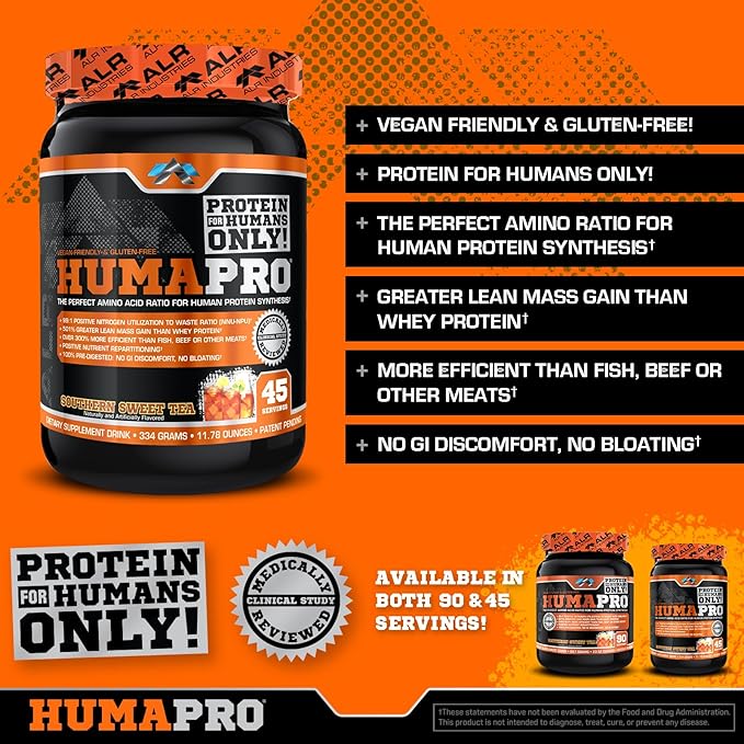 Humapro | Amino Acids Protein Matrix for Humans | 99% Utilization for Lean Muscle | Vegan, Gluten Free | 334g / 45 Servings (Southern Sweet Tea)