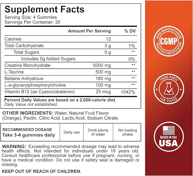 120 Creatine Monohydrate Gummies for Men & Women, Vegan-Friendly, Sugar-Free, & Tasty Chewables - Instantized Creatine Gummies (120 Count (Pack of 1), Orange)