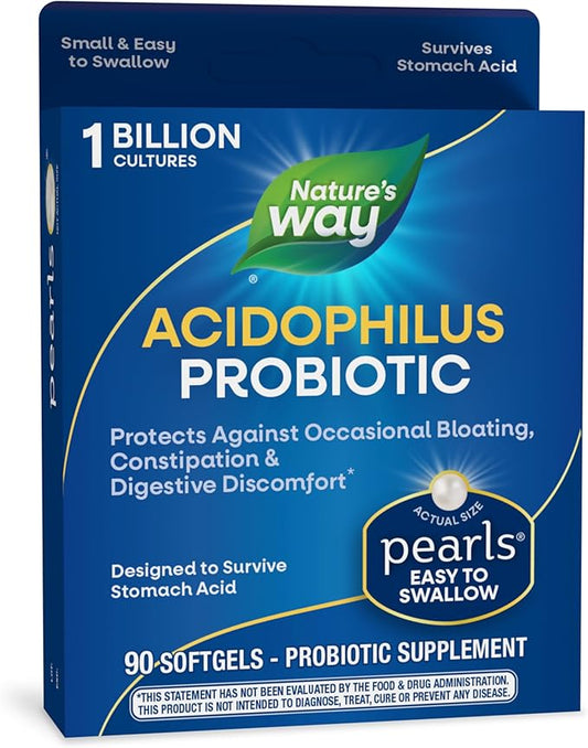 Nature's Way Acidophilus Probiotic Pearls, Supports Digestive Balance and Gut Health*, Protects Against Occasional Constipation and Bloating*, 1 Billion Live Cultures, 90 Softgels (Packaging May Vary)