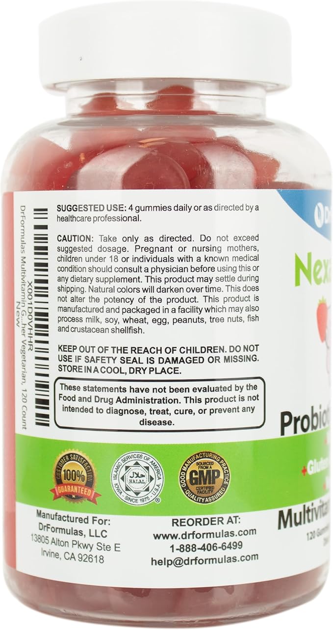 DrFormulas Multivitamin Gummies with Omega 3 and Probiotics for Kids and Adults with Vitamin C | Nexabiotic with Vitamin A, C, D3, E, B6, B12, and Zinc, Biotin, Folate | Halal Vegetarian, 120 Count