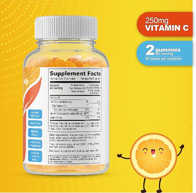 DOCTOR'S FINEST Vitamin C Gummies for Kids - Vegan, GMO Free & Gluten Free - Great Tasting Orange Flavor Pectin Chews - Kids Dietary Supplement - 250 mg of Vitamin C - 120 Jellies [60 Doses]