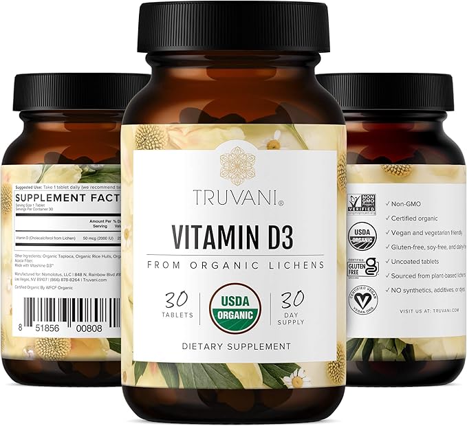 Truvani Organic Vitamin D3 - Plant-Based, USDA Organic, Gluten-Free, Non-GMO, Vegan D3 Supplement - Supports Bone, Immune & Brain Health - 30 Tablets