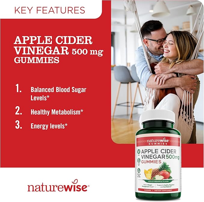 NatureWise Apple Cider Vinegar Gummies - 500mg ACV Gummies with Vitamin B12 - Apple-Pineapple Flavor - Support for Energy & Gut Health - Vegan, Gluten-Free, Non-GMO - 180 Gummies[6-Month Supply]