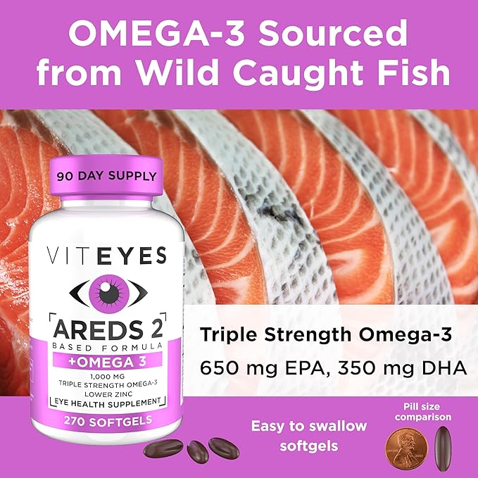 Viteyes AREDS 2 + Omega-3 Macular Support Softgels, Plus Triple Strength Omega-3 (650 mg EPA, 350 mg DHA) for Heart Health & Eye Health, Eye Vitamins, Vision Supplement, 270 Softgels