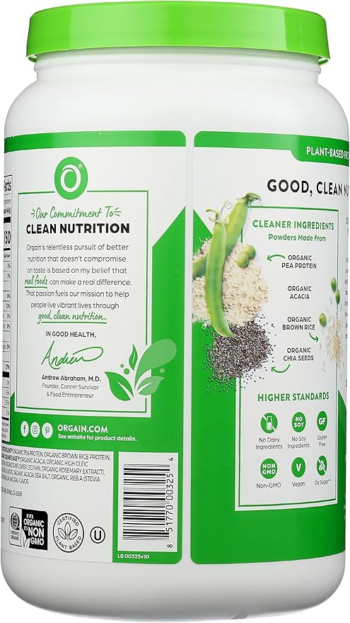Orgain Organic Vegan Protein Powder, Vanilla Bean - 21g Plant Protein, 6g Prebiotic Fiber, No Lactose Ingredients, No Added Sugar, Non-GMO, For Shakes & Smoothies, 2.03 lb (Packaging May Vary)