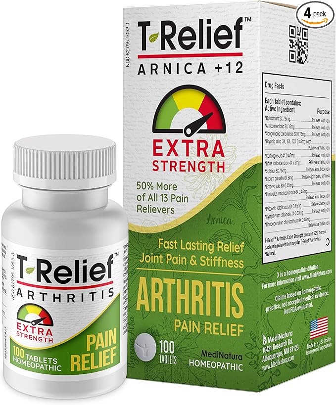 T-Relief Extra Strength Arthritis Pain Reliever Arnica +12 Natural Medicines for Joint Soreness Stiffness Aches, Quick Dissolving Pain Relief for Women & Men - 100 Tablets