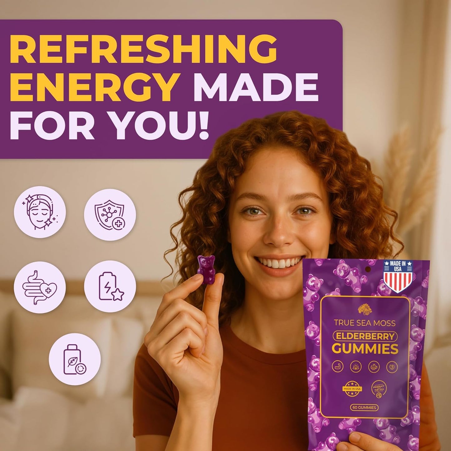 Sea Moss Elderberry Gummies for Adults & Kids - Magnesium, Burdock Root & Bladderwrack – Supports Immune, Boost Energy, Skin & Hair Health, Detox – Made in USA - 60 Vegan Gummies