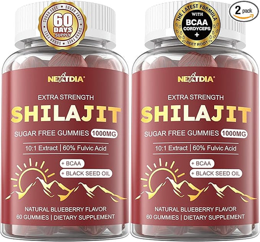 10,000mg Shilajit Gummies for Men & Women, Shilajit Pure Himalayan with Organic Beet Root, BCAA, Cordyceps Mushroom, Black Seed Oil & Vitamin B12, Energy, Muscle, Immune & Brain Health Support, 2-Pack