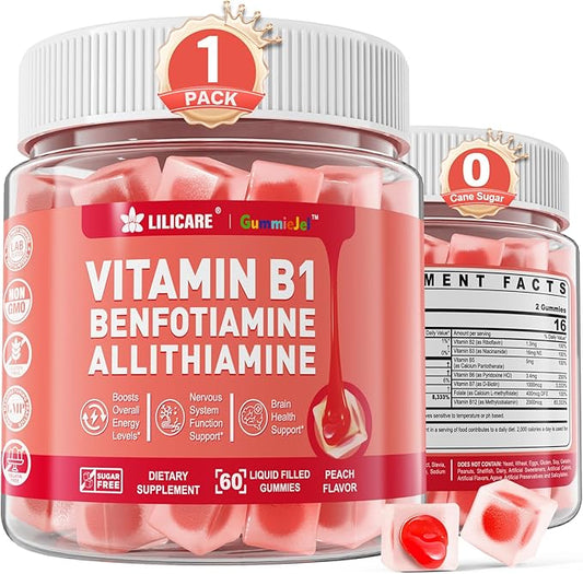 Vitamin B1 Gummies, Benfotiamine 300mg Allithiamine 50mg Thiamine 100mg +8 Vitamin B Complex,Inositol for Women Men, Includes Niacin, L-methylfolate, Methyl B12 for Nerve Energy Overall Health, 60Cts