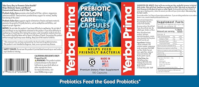 Yerba Prima Prebiotics Colon Care Fiber Caps, 180 Capsules - Five Forms of Fiber Plus FOS Pre-biotics - Dietary Health Supplement - Healthy Soluble & Insoluble Fibers for Regularity
