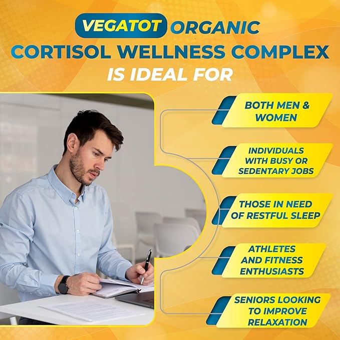 VEGATOT Organic Cortisol Wellness Complex 15-in-1 Formula with Magnesium Ashwagandha St. John's Wort Valerian Rhodiola Rosea Passionflower Chamomile