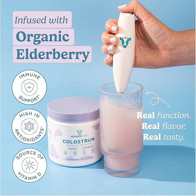 WONDERCOW Colostrum Powder Supplement for Gut Health, Immune Support, Muscle Recovery & Wellness | 40% IgG Highly Concentrated Pure Bovine Colostrum Superfood, Gluten Free, Elderberry, 30 Servings