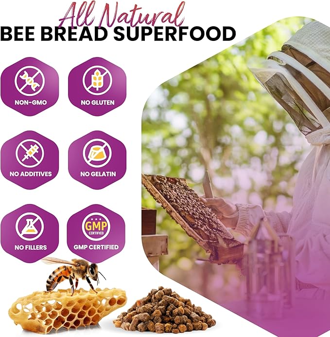 Bee Bread Supplement 100% Natural Raw Bee Bread in Veggie Caps Fermented Pollen Multivitamin, Probiotic Superfood, Vital Proteins, Amino Acids, Immune Support & Energy 60 Perga Capsules