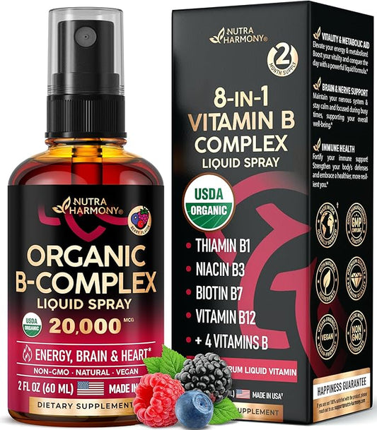 USDA Organic Vitamin B-Complex Liquid Spray 8-in-1 - B5 Pantothenic Acid | B12 Methylcobalamin | B1 Thiamine | B6 Pyridoxine | B7 Biotin | B9 Folic | B3 Niacinamide - Made in USA Supplement, 2fl oz