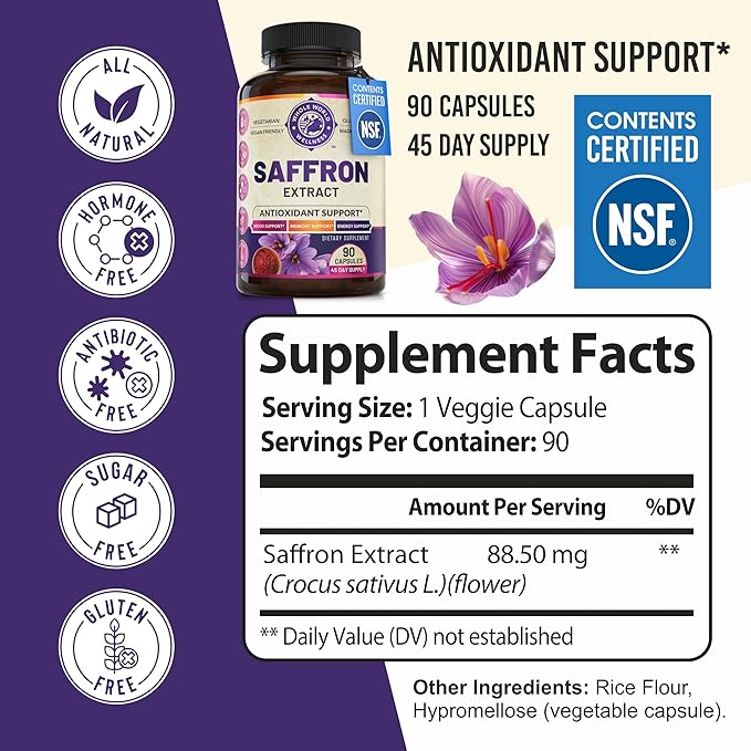 100% Pure Saffron Extract - NSF Certified. Supports Weight and Appetite Health, Mood, Focus, Memory, Digestion, Eye, Skin and Brain Health. Saffron Supplements for Women and Men, 45-Day Supply.