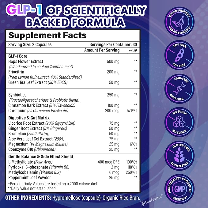 GLP-1 Supplement Support, with Naturally GLP-1 Supplement Probiotic, Hops & Green Tea Extract, GLP 1 Supplement for Gut, Energy, GLP-1 Levels & Overall Health - 60 Capsules