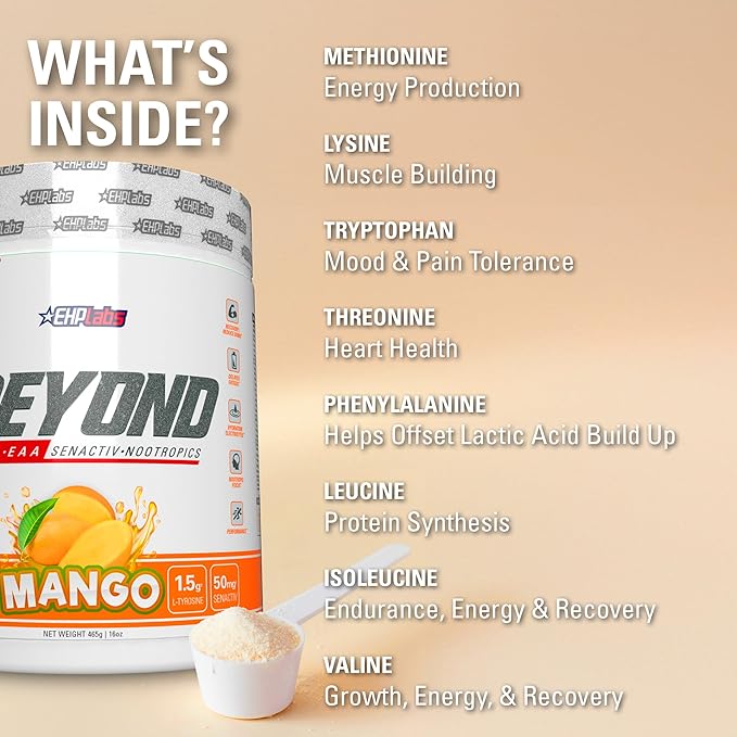 EHP Labs Beyond BCAA Powder Amino Acids Supplement for Muscle Recovery - 8g of Sugar Free BCAAs Amino Acids Post Workout Recovery Powder & 10g of EAA Amino Acids Powder - 60 Servings (Mango)