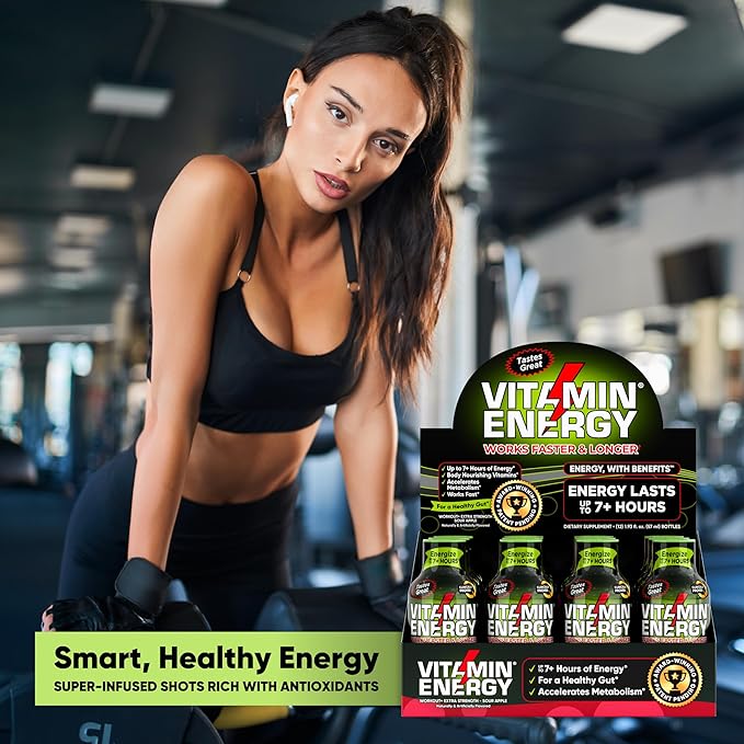 Vitamin Energy Pre Workout Drink - Keto Friendly Sugar Free Shots | Natural Clean Green Tea Caffeine with Proprietary Endurance Blend | Energize up to 7+ Hours - Sour Apple - 1.93 Fl Oz (Pack of 24)