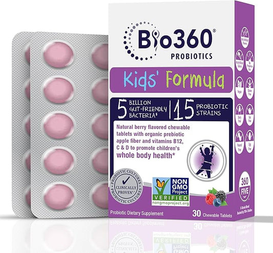 Kids Probiotic Supplement, Daily Support for Kid's Gut, Immune, Brain & Whole Body Health, 15 Strains 5 Billion CFU, Organic Prebiotic Apple Fiber, 30 Chewable Mixed Berry Flavor