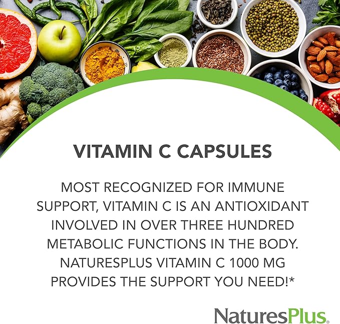 Natures Plus Vitamin C - 1000 mg Ascorbic Acid, 90 Vegetarian Capsules - High Potency Vascular & Immune Support Supplement, Antioxidant - Corn-Free, Gluten-Free - 90 Servings