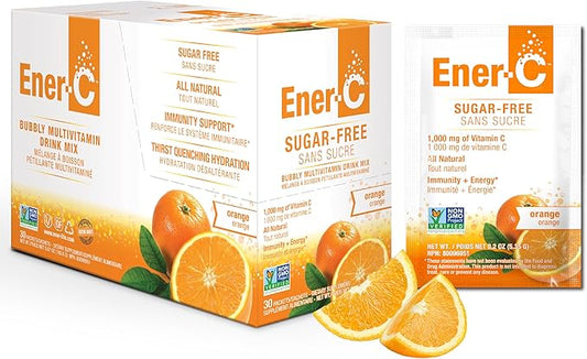 Ener-C Sugar Free Energy Orange Multivitamin Drink Mix Vitamin C 1000mg & Electrolytes - Natural Immunity Support with Real Fruit Juice Powders Non-GMO Vegan & Gluten Free - 30 Count