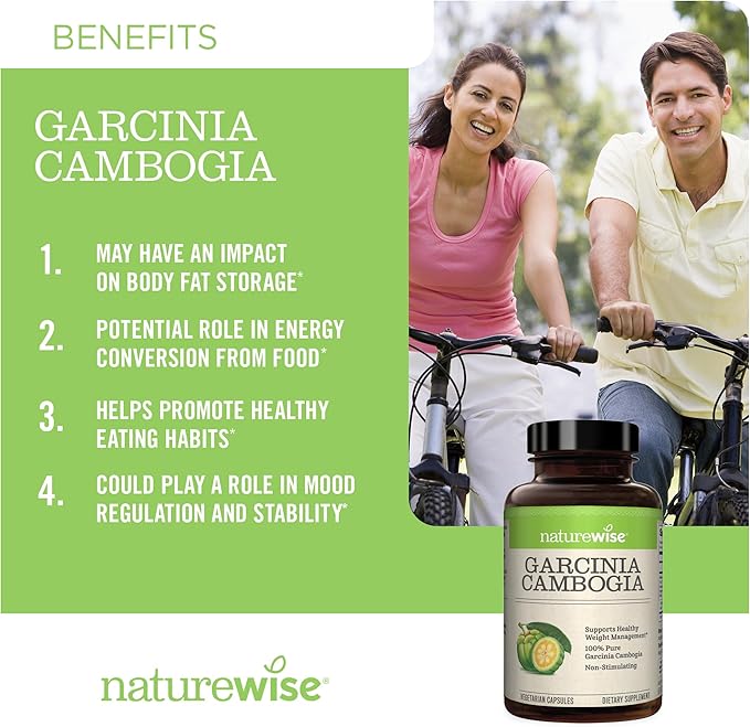 Naturewise Garcinia Cambogia with Natural Garcinia Cambogia Extract, 60% HCA Concentration, Natural Support for Weight Goals and Energy - Vegan, Non-GMO, Gluten Free - 90 Capsules[1-3 Month Supply]