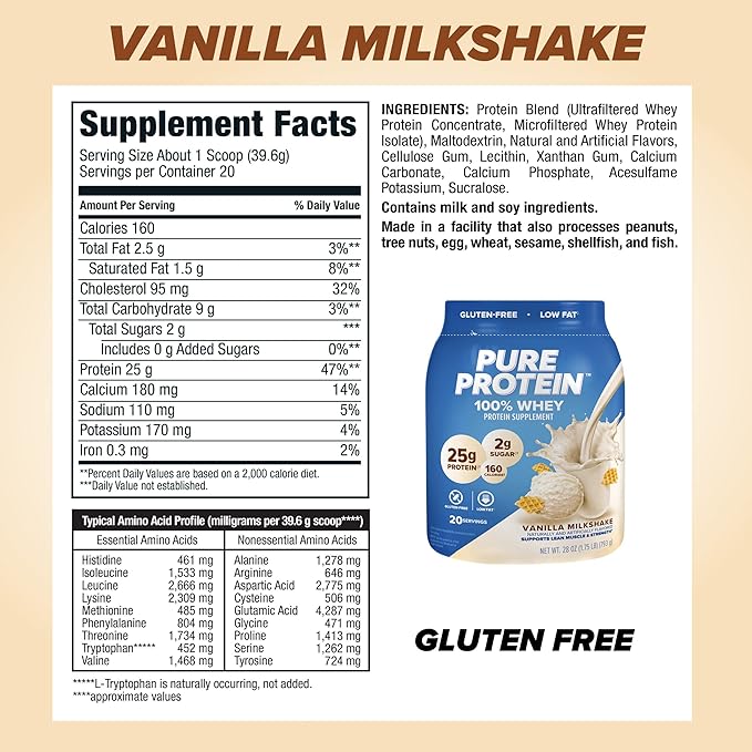 Pure Protein Powder, Whey, High Protein, Low Sugar, Gluten Free, Vanilla Cream, 1.75 lbs