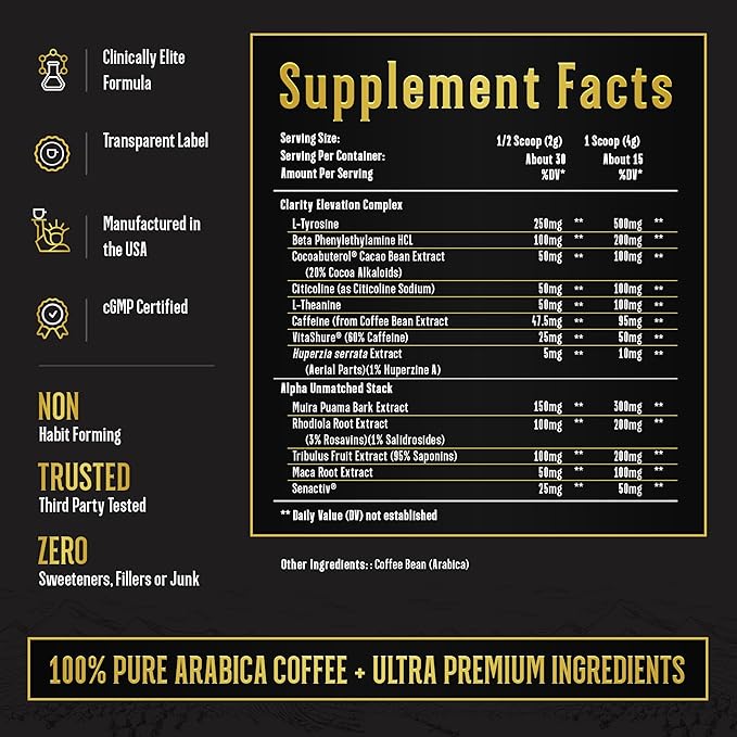 Alpha Grind – Instant Maca Coffee for Men + Natural Energy + Brain Nootropic for Ageless Clarity, Focus | Lean Muscle Building Growth & Size, 30SV
