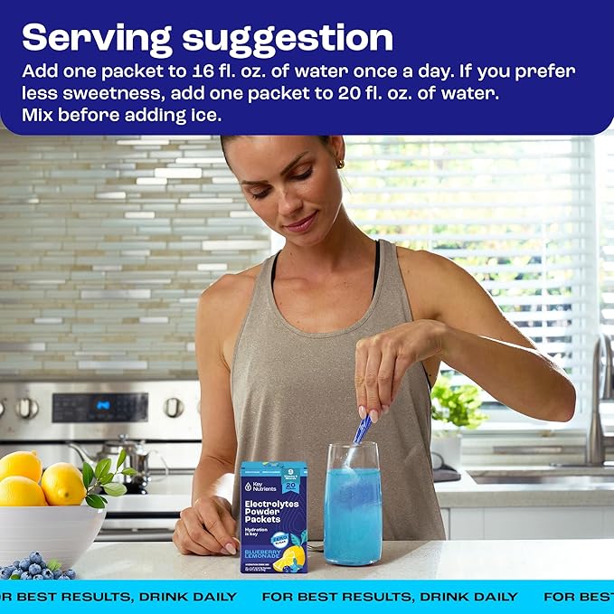 KEY NUTRIENTS Multivitamin Electrolytes Powder Packets - Delicious Blueberry Lemonade 20 Pack Hydration Packets - Travel Hydration Powder - No Sugar, No Calories, Gluten Free - Made in USA