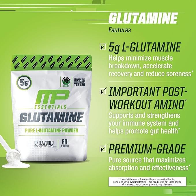 MusclePharm Essentials Glutamine, Pure L-Glutamine Powder Supplement for Post Workout Muscle Recovery, Energy & Gut Health, 5g L Glutamine Powder per Serving, Gluten-Free, Unflavored, 60 Servings