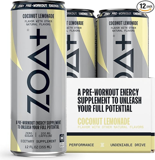 ZOA+ Pre-Workout Energy Drink Supplement - NSF Certified for Sport with Zero Sugar, Nitric Oxide Support, B & D Vitamins, Amino Acids, and Electrolytes (Coconut Lemonade)