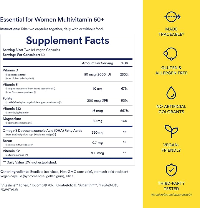 Ritual Multivitamin for Women 50+, Menopause Supplements with Vitamin D3, K2 and Magnesium for Bone Support*, Omega-3 DHA, Vitamin B12, Non-GMO, Mint Essenced, 30 Day Supply, 60 Vegan Capsules
