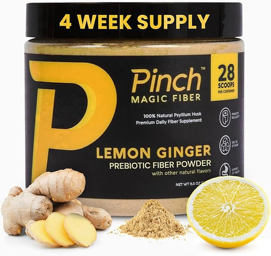 Pinch Magic Fiber | Prebiotic Fiber Supplement for Women & Men | Psyllium Husk Powder for Digestive & Gut Health Support | Keto, Vegan, Low Sugar Fiber Powder | USA-Made | Lemon Ginger, 28-Day Supply