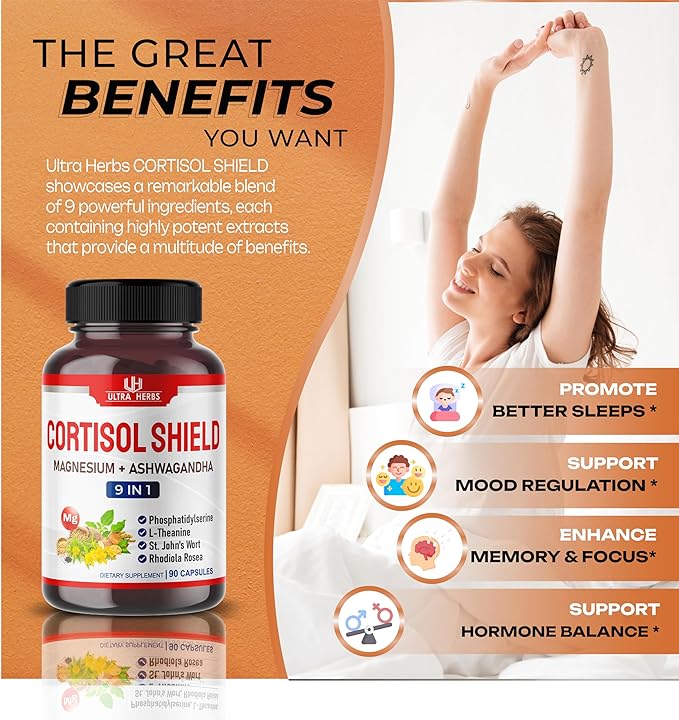 CORTISOL SHIELD 9 in 1-15,250mg Magnesium + Ashwagandha with Phosphatidylserine, L-Theanine, St. John's Wort, Rhodiola Rosea - Relaxation Support, Hormone Balance- USA made (90 count (pack of 1))