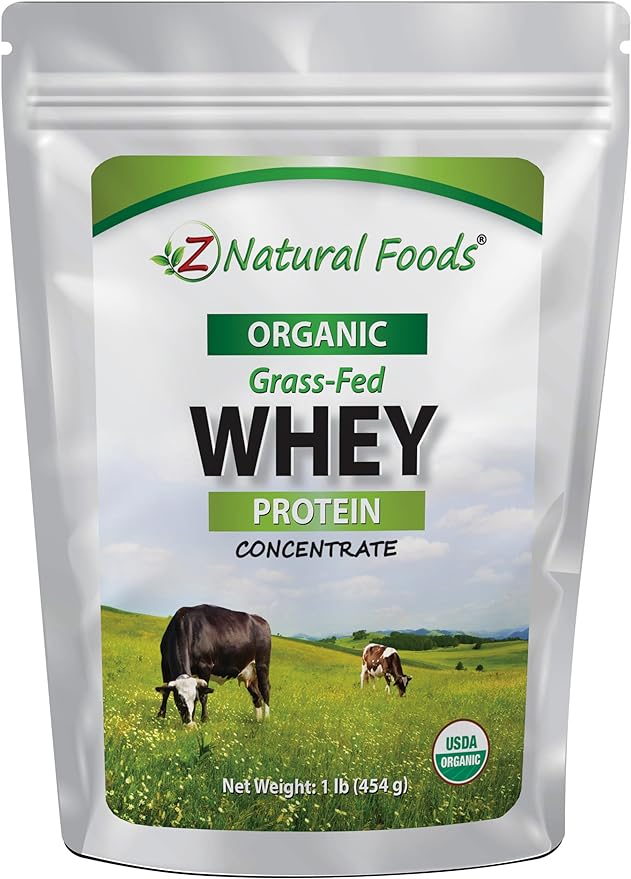 Z Natural Foods Organic Whey Protein Concentrate - Nutrient-Dense Grass Fed Whey Protein Powder - Cold Processed Pure Whey Protein with Essential Amino Acids for Nutrition & Fitness, Unflavored, 1 lb