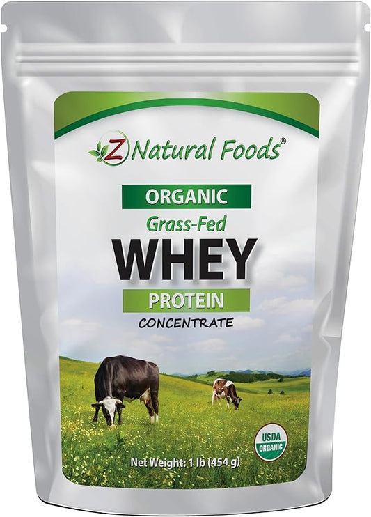 Z Natural Foods Organic Whey Protein Concentrate - Nutrient-Dense Grass Fed Whey Protein Powder - Cold Processed Pure Whey Protein with Essential Amino Acids for Nutrition & Fitness, Unflavored, 1 lb