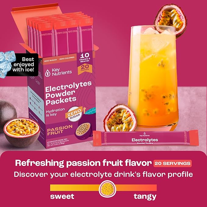 KEY NUTRIENTS Multivitamin Electrolytes Powder Packets - Delicious Passion Fruit 40 Pack Hydration Packets - Travel Hydration Powder - No Sugar, No Calories, Gluten Free - Made in USA